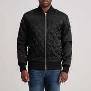 Danson Quilted Czarna Varsity Kurtka Skórzana Męska in Black Satin - Front Profile View &amp; Tailored Silhouette | Buy Online
