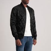 Danson Quilted Czarna Varsity Kurtka Skórzana Męska - Lateral Side Profile View Showing Sleeve Cut &amp; Athletic Taper Fit