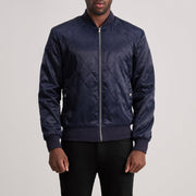 Danson Quilted Blue Varsity Kurtka Skórzana Męska in Blue Satin - Front Profile View &amp; Tailored Silhouette | Buy Online