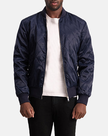 Danson Quilted Blue Varsity Kurtka Skórzana Męska - Lateral Side Profile View Showing Sleeve Cut &amp; Athletic Taper Fit