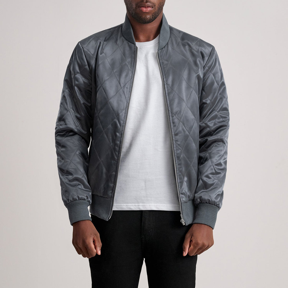 Danson Quilted Grey Varsity Kurtka Skórzana Męska - Lateral Side Profile View Showing Sleeve Cut &amp; Athletic Taper Fit