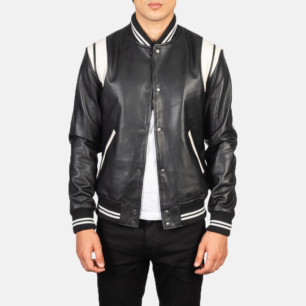 Men's Dantee Czarna Leather Varsity Kurtka Skórzana Męska in Black &amp; White Sheepskin Leather - Front Profile View &amp; Tailored Silhouette | Buy Online