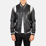 Men's Dantee Czarna Leather Varsity Kurtka Skórzana Męska in Black &amp; White Sheepskin Leather - Front Profile View &amp; Tailored Silhouette | Buy Online