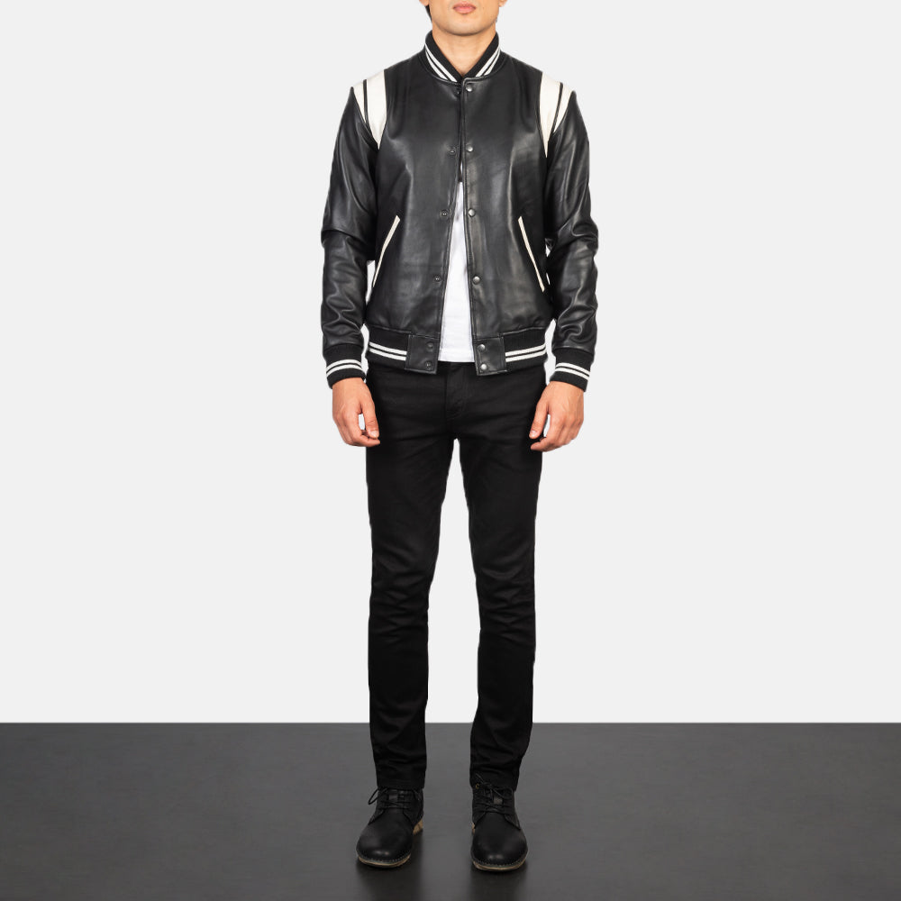 Men's Dantee Czarna Leather Varsity Kurtka Skórzana Męska - Lateral Side Profile View Showing Sleeve Cut &amp; Athletic Taper Fit