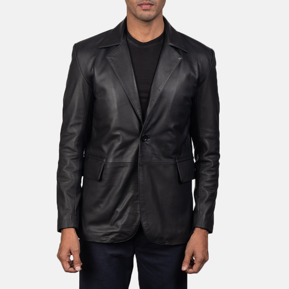 Men's Daron Czarna Skórzana Marynarka Męska in Black Sheepskin Leather - Front Profile View &amp; Tailored Silhouette | Buy Online