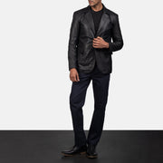 Men's Daron Czarna Skórzana Marynarka Męska - Lateral Side Profile View Showing Sleeve Cut &amp; Athletic Taper Fit