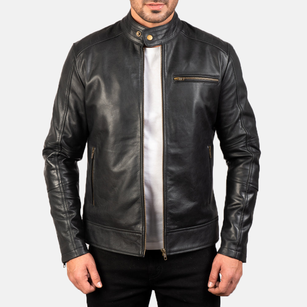 Dean Czarna Skórzana Ramoneska Męska in Black Cow Hide Leather - Front Profile View &amp; Tailored Silhouette | Buy Online