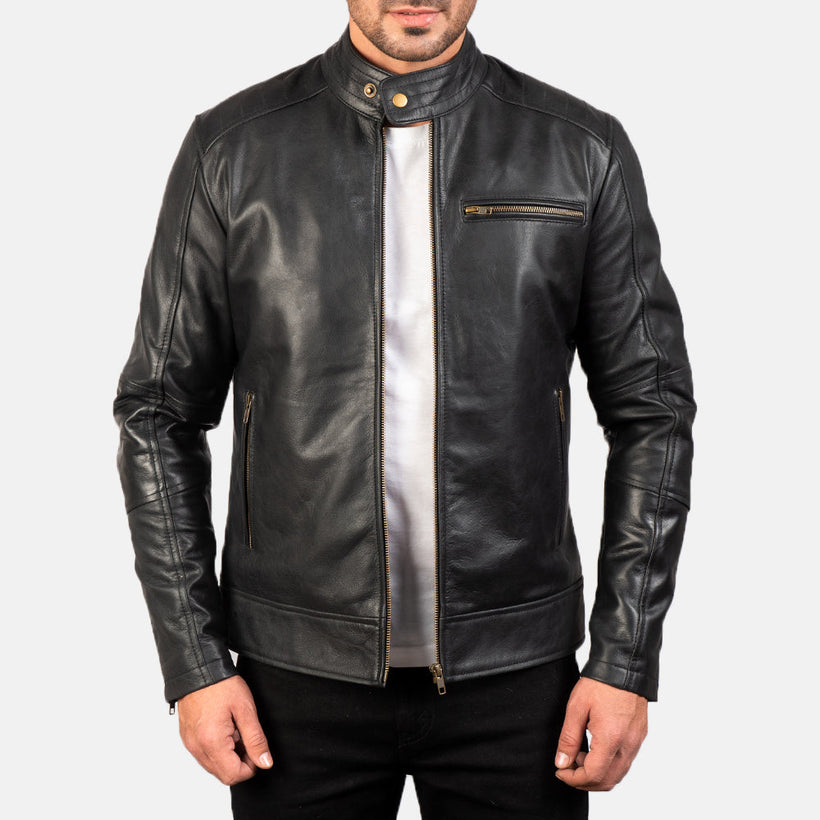 Men's Dean Black Leather Biker Jacket in Black Cow Hide Leather - Front Profile View & Tailored Silhouette | Buy Online