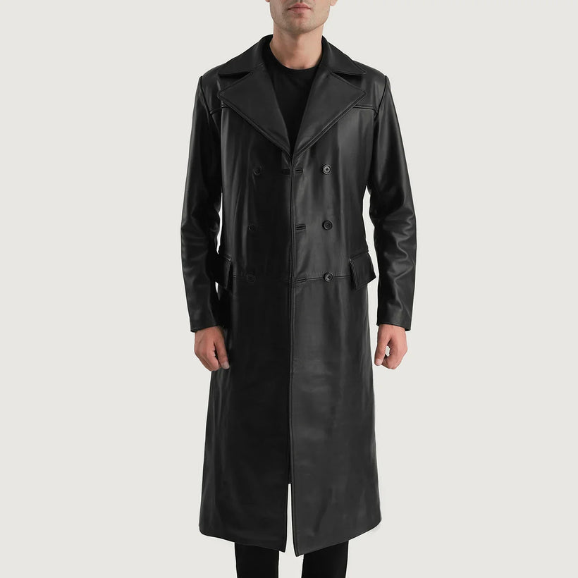 Delmar Czarna Leather Double-Breasted Skórzany Płaszcz Męska