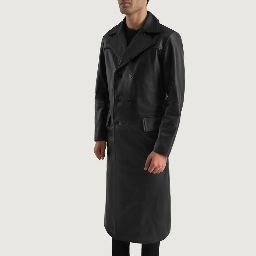 Delmar Czarna Leather Double-Breasted Skórzany Płaszcz Męska