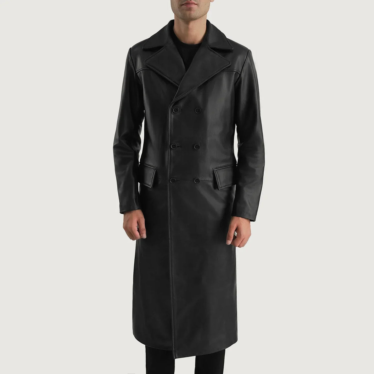Close-Up Detail of Notch &amp; Button Hardware on Delmar Black Leather Double Breasted Coat