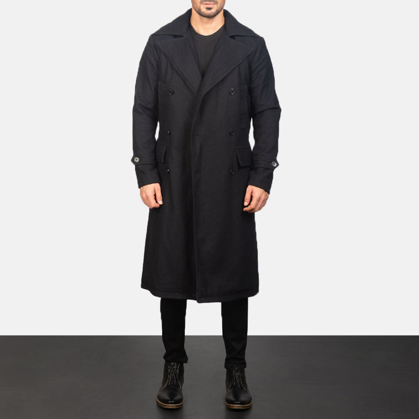 Detective Czarna Wool Skórzany Płaszcz Męska