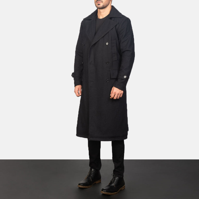 Detective Czarna Wool Skórzany Płaszcz Męska