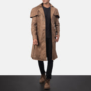 Men's Deux Brązowa Leather Duster Męska in Distressed Brown Semi-Aniline Snuffed - Front Profile View &amp; Tailored Silhouette | Buy Online