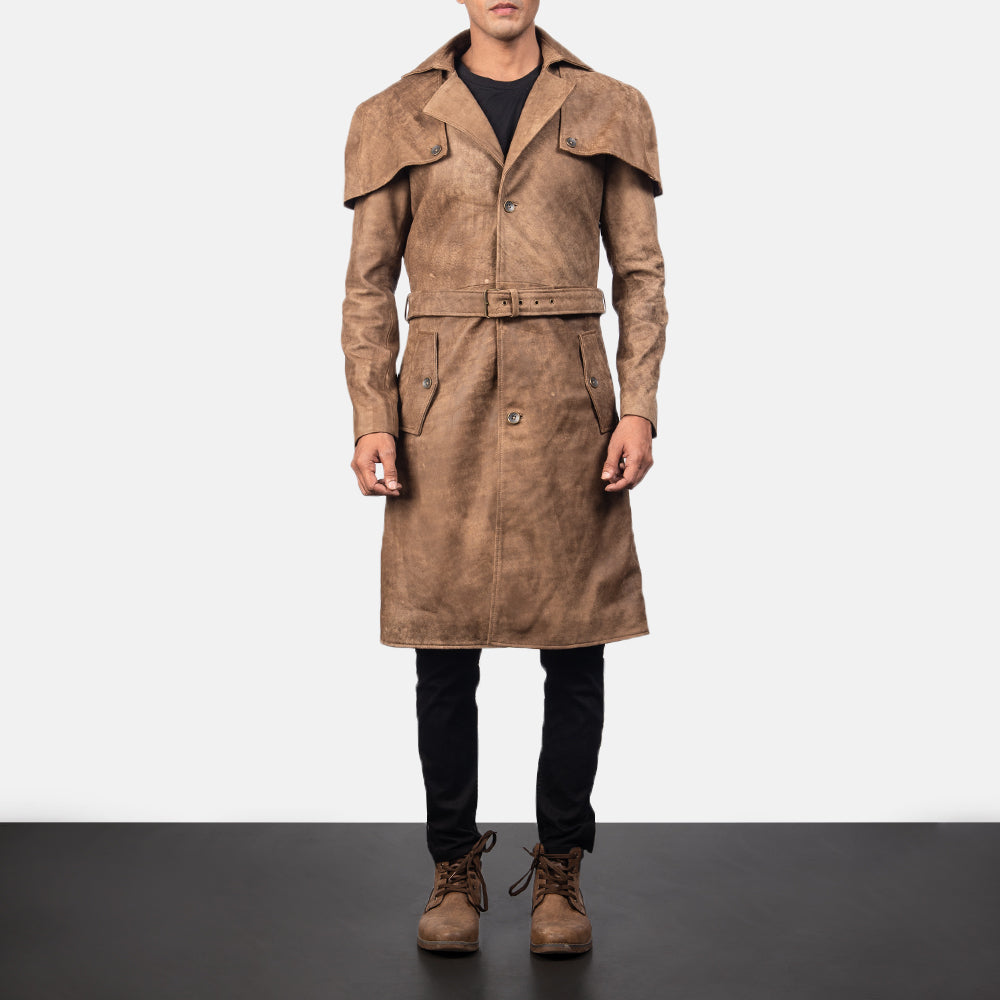 Close-Up Detail of Classic Collar &amp; Buttons + Belt Hardware on Men's Deux Brązowa Leather Duster Męska