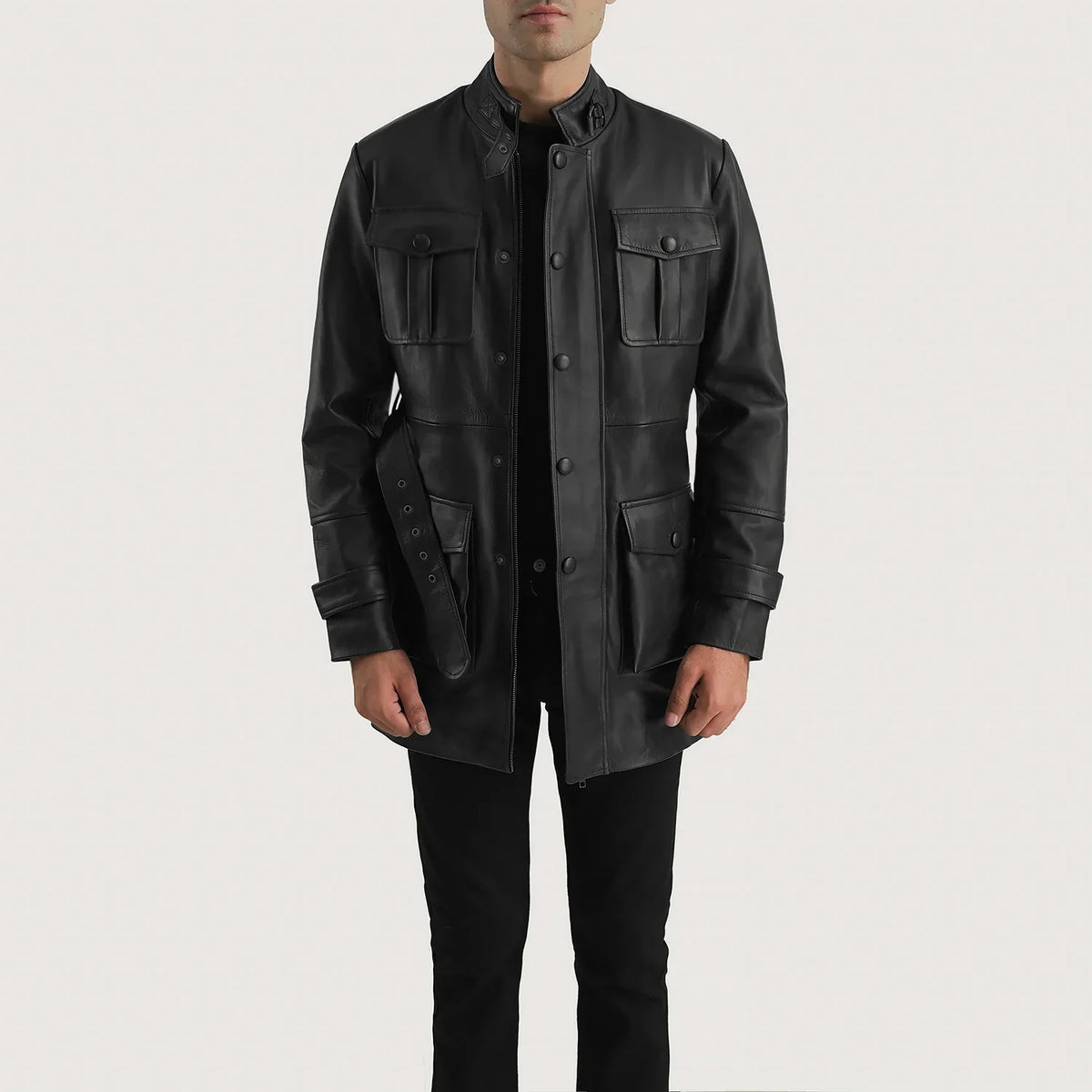 Dolf Czarna Kurtka Skórzana Męska in Black Cowhide Leather - Front Profile View &amp; Tailored Silhouette | Buy Online
