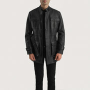 Dolf Czarna Kurtka Skórzana Męska in Black Cowhide Leather - Front Profile View &amp; Tailored Silhouette | Buy Online
