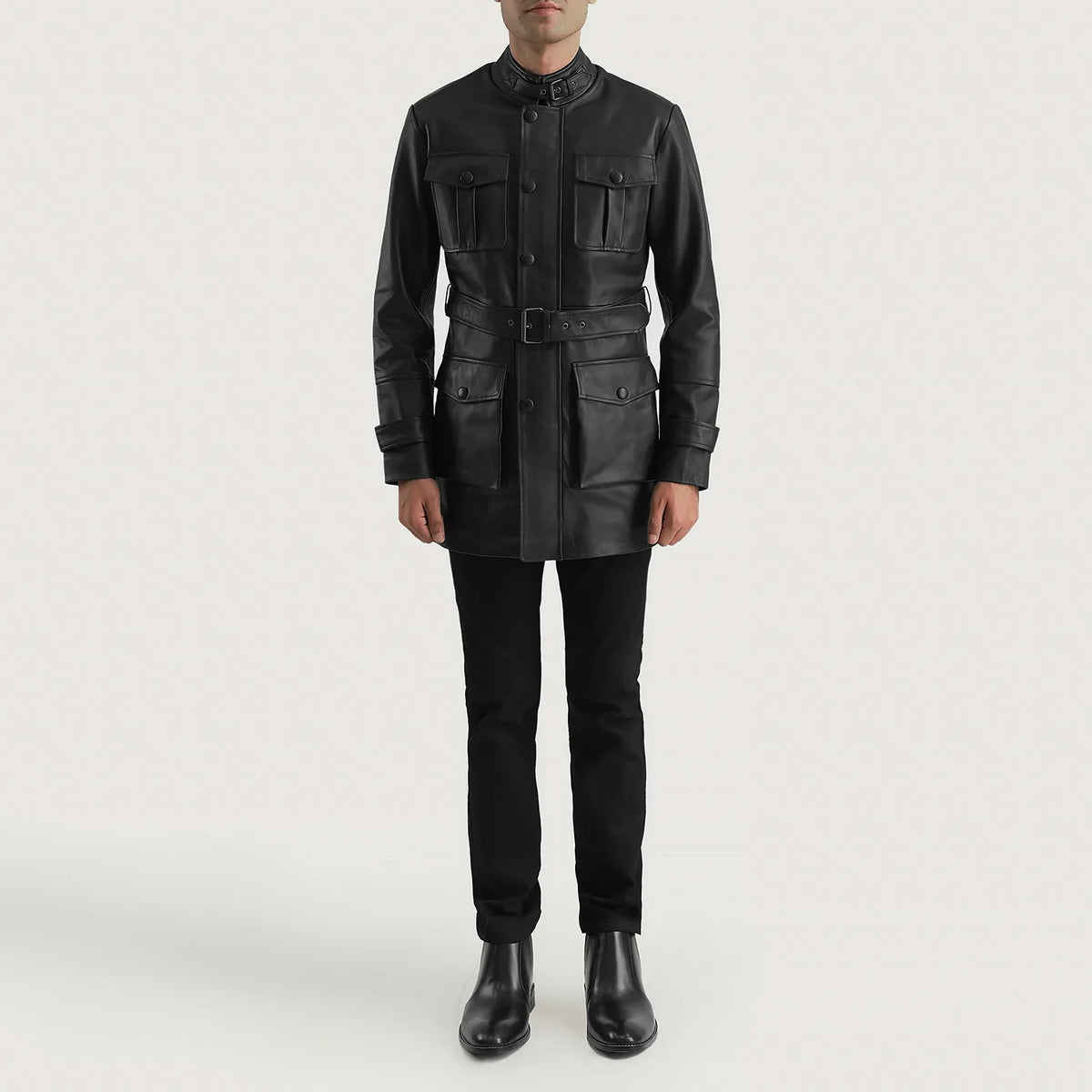 Dolf Czarna Kurtka Skórzana Męska - Lateral Side Profile View Showing Sleeve Cut &amp; Athletic Taper Fit