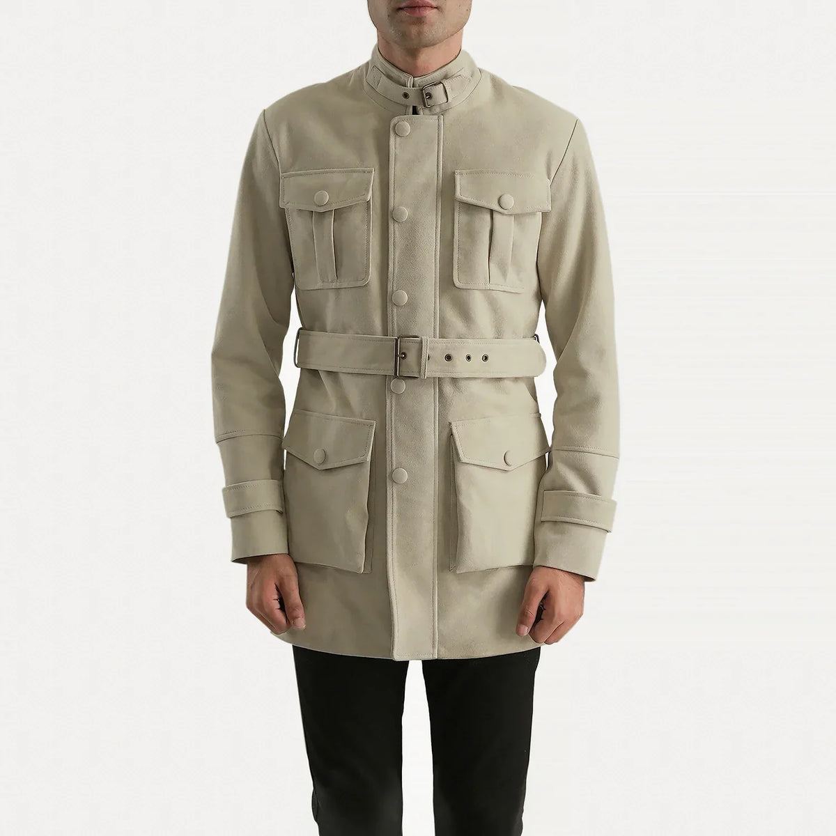 Dolf Off-White Kurtka Zamszowa Męska in Off-White Cowhide Suede - Front Profile View &amp; Tailored Silhouette | Buy Online