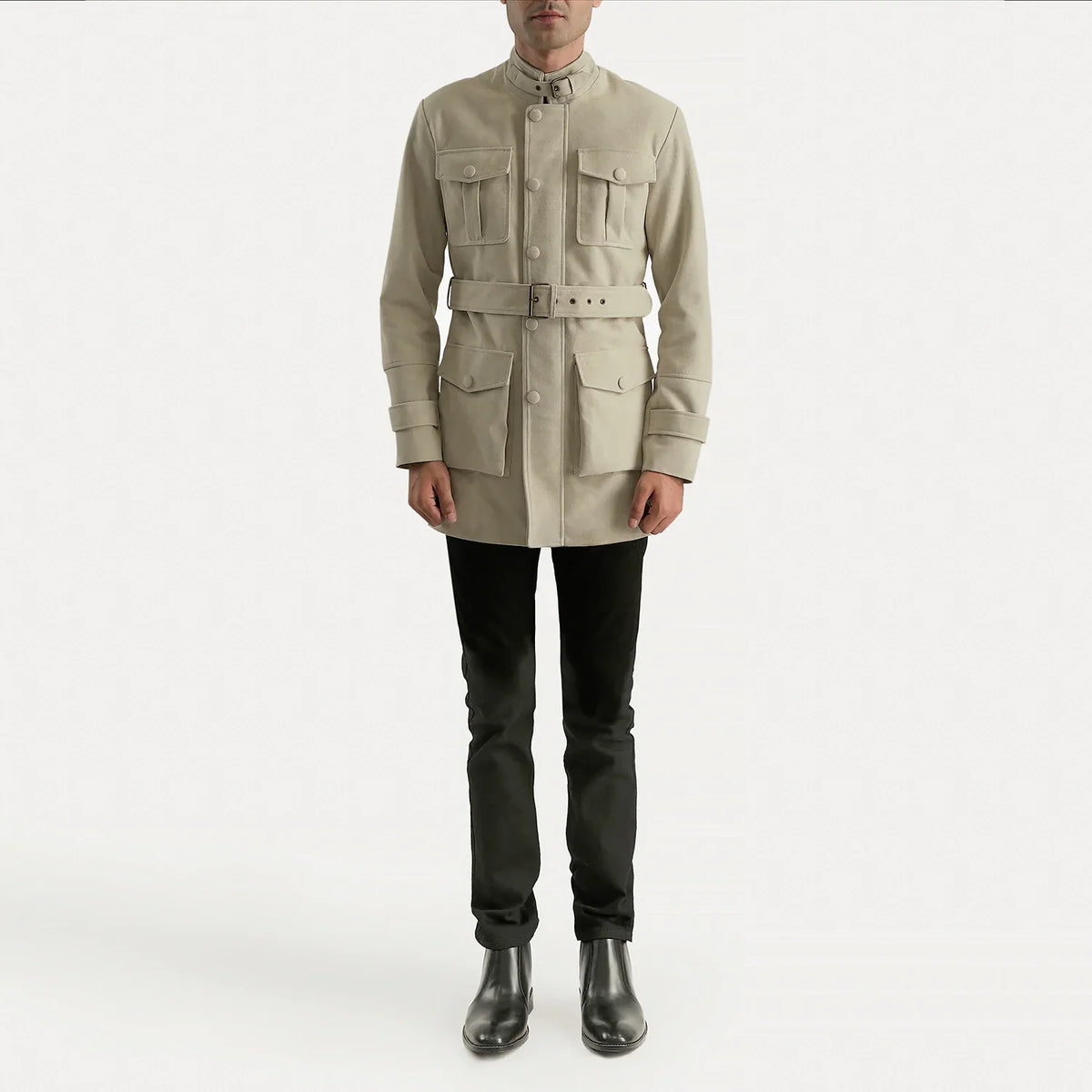 Dolf Off-White Kurtka Zamszowa Męska - Lateral Side Profile View Showing Sleeve Cut &amp; Athletic Taper Fit