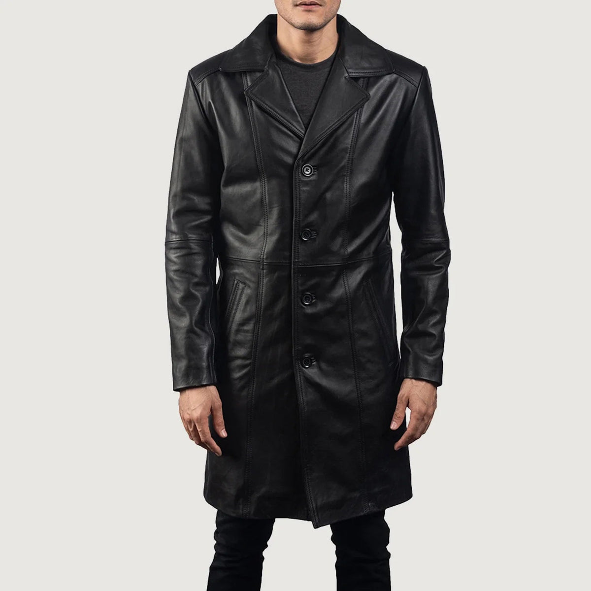 Men's Don Long Czarna Skórzany Płaszcz Męska - Lateral Side Profile View Showing Sleeve Cut &amp; Athletic Taper Fit
