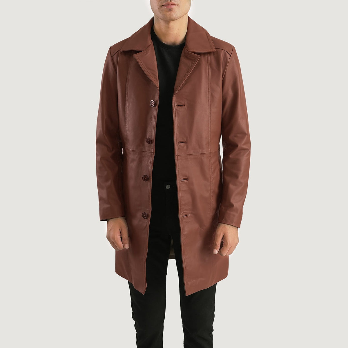 Don Long Brązowa Skórzany Płaszcz Męska in Brown Cowhide Leather - Front Profile View &amp; Tailored Silhouette | Buy Online