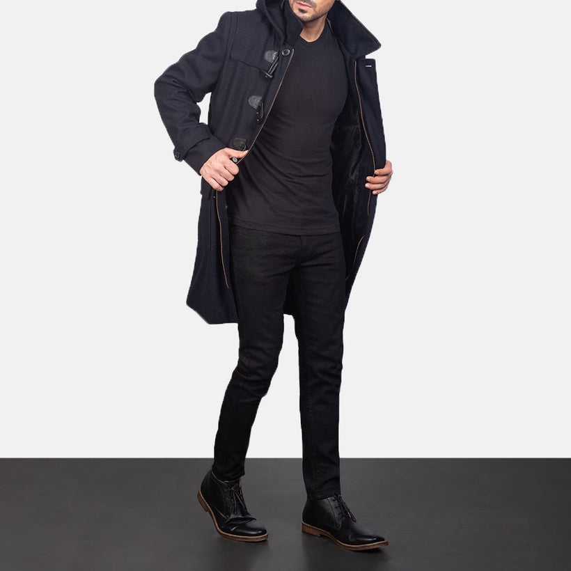 Drake Czarna Wool Hooded Duffle Skórzany Płaszcz Męska