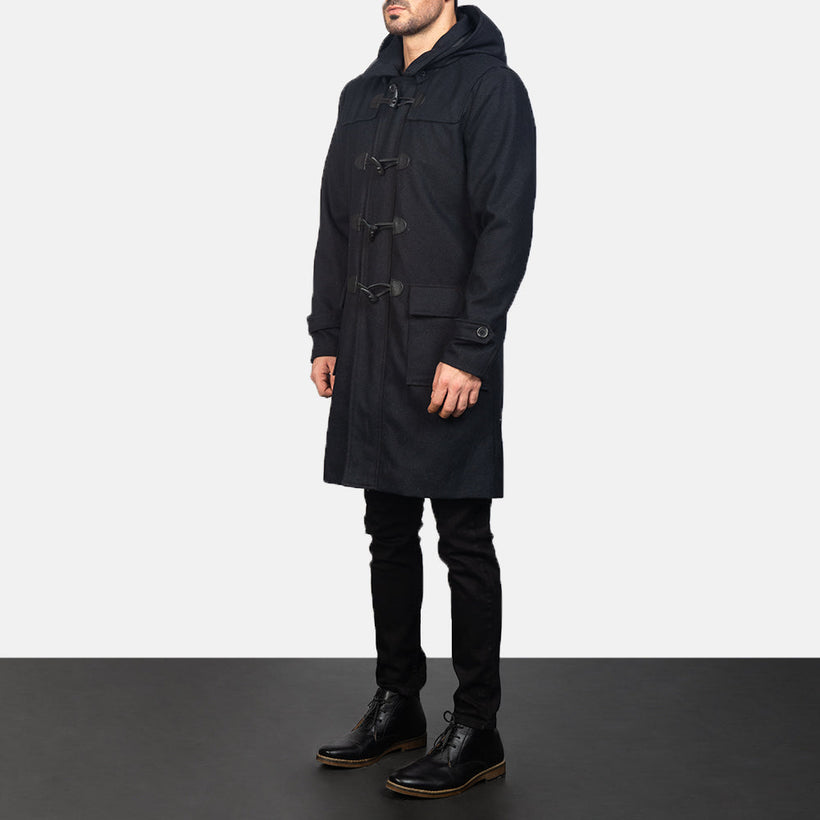 Drake Czarna Wool Hooded Duffle Skórzany Płaszcz Męska
