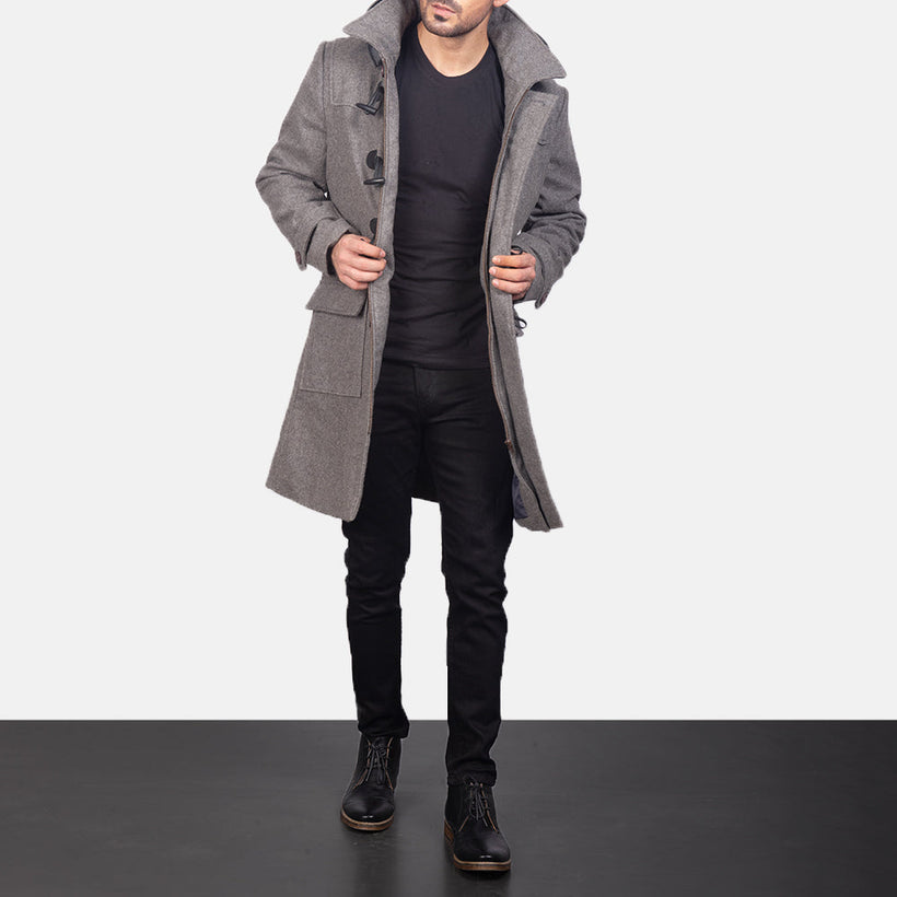 Drake Grey Wool Hooded Duffle Skórzany Płaszcz Męska