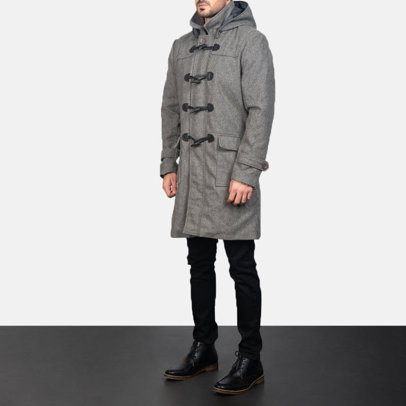 Drake Grey Wool Hooded Duffle Skórzany Płaszcz Męska