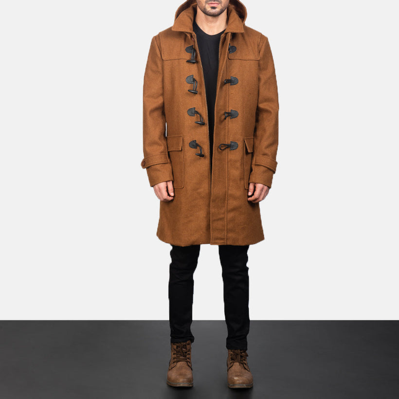 Drake Khaki Wool Hooded Duffle Skórzany Płaszcz Męska