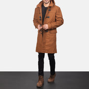 Men's Drake Khaki Wool Duffle Coat - Lateral Side Profile View Showing Sleeve Cut &amp; Athletic Taper Fit