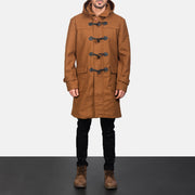 Close-Up Detail of Shirt with Removable Hood &amp; Toggle Buttons with Placket &amp; Zipper Hardware on Men's Drake Khaki Wool Duffle Coat