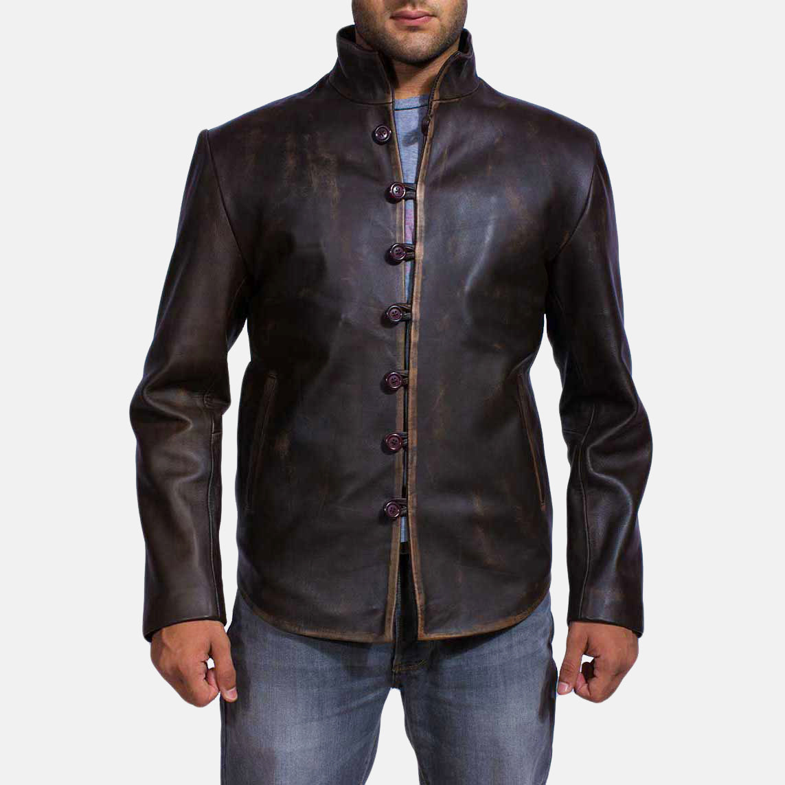 Men's Drakeshire Brązowa Kurtka Skórzana Męska in Distressed Brown Goatskin Leather - Front Profile View &amp; Tailored Silhouette | Buy Online
