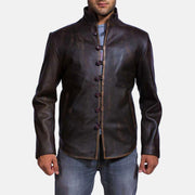 Men's Drakeshire Brązowa Kurtka Skórzana Męska in Distressed Brown Goatskin Leather - Front Profile View &amp; Tailored Silhouette | Buy Online