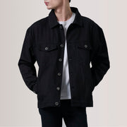 Eddie Czarna Oversized Denim Trucker Kurtka Skórzana Męska For Men in Black Full-Grain Leather - Front Profile View &amp; Tailored Silhouette | Buy Online