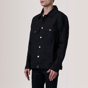 Eddie Czarna Oversized Denim Trucker Kurtka Skórzana Męska For Men - Lateral Side Profile View Showing Sleeve Cut &amp; Athletic Taper Fit