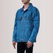 
Eddie Dark Niebieski Oversized Denim Trucker Kurtka Skórzana Męska For Men - Widok z boku z ergonomicznym krojem rękawa