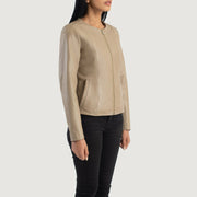 
Beige Sheepskin Leather Biker Jacket - Widok z tyłu z dopasowanymi ramionami i czystym dołem