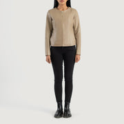 
Elixir Beige Collarless Leather Jacket - Widok z boku z ergonomicznym krojem rękawa