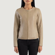 
Szczegółowe zbliżenie of Collarless & Zipper Hardware on Elixir Beige Collarless Leather Jacket