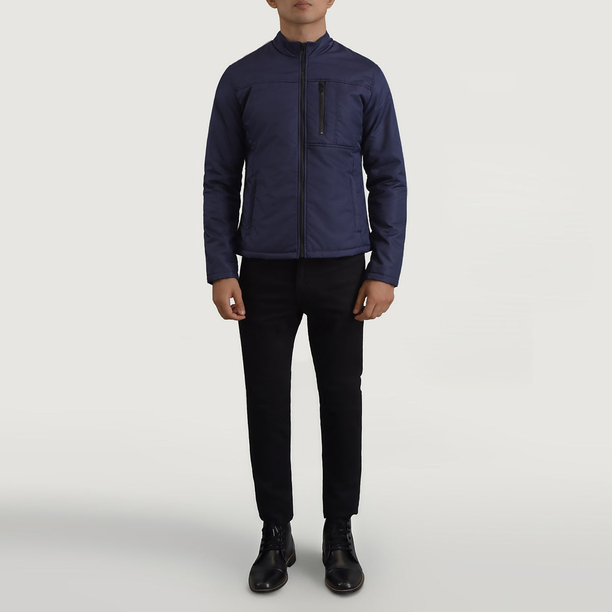 Elliot Blue Lightweight Kurtka Skórzana Męska - Lateral Side Profile View Showing Sleeve Cut &amp; Athletic Taper Fit