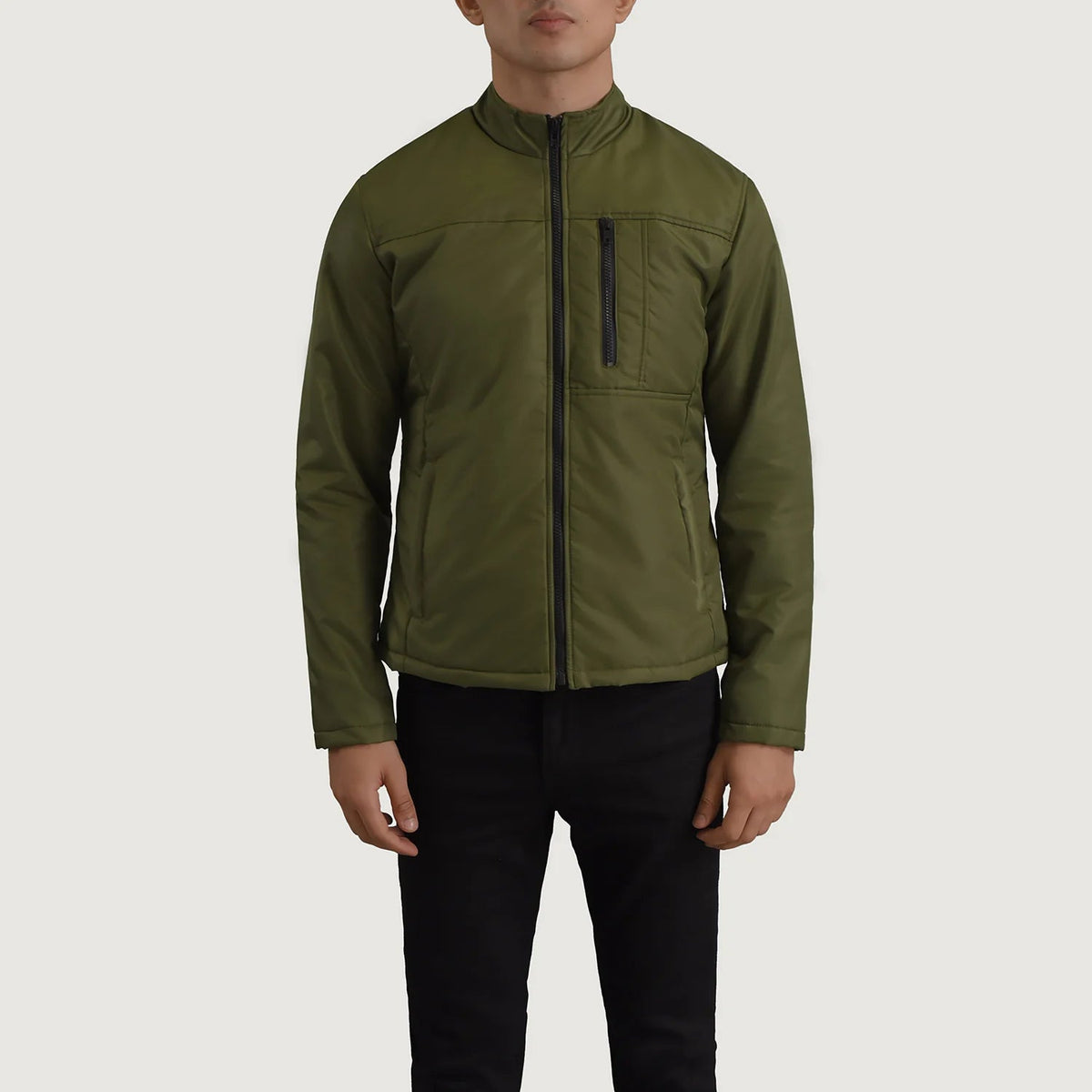Close-Up Detail of Classic Collar &amp; Zipper Hardware on Elliot Green Lightweight Kurtka Skórzana Męska