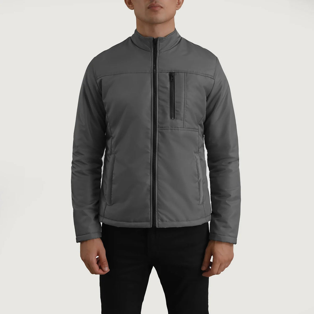 Close-Up Detail of Classic Collar & Zipper Hardware on Elliot Grey Lightweight Jacket