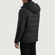 
Szczegółowe zbliżenie of Classic Collar & Zipper With Wind Flap Hardware on Erico Czarny Hooded Puffer Kurtka Skórzana Męska
