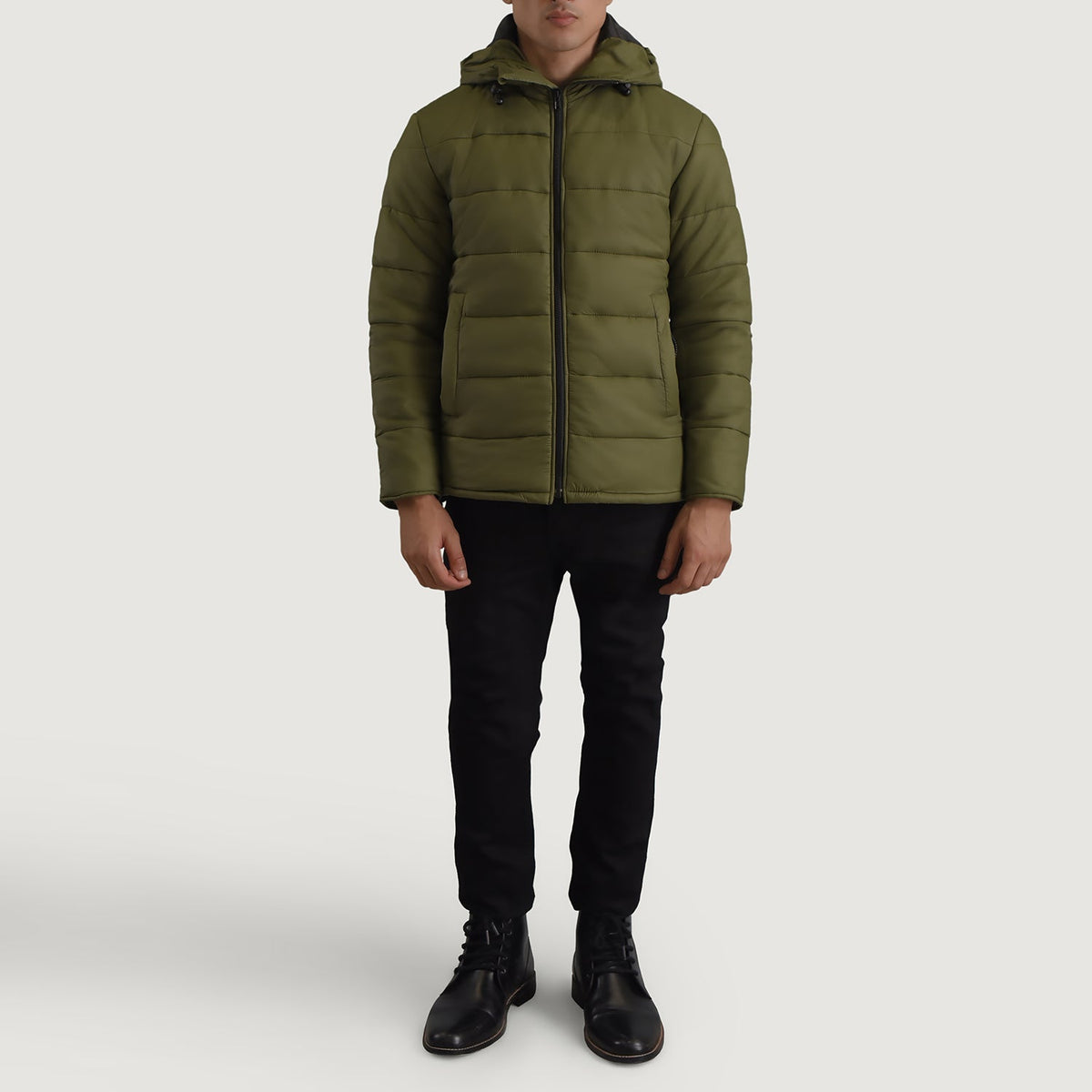 
Erico Oliwkowy Hooded Puffer Kurtka Skórzana Męska - Widok z boku z ergonomicznym krojem rękawa