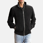 Men's Ethan Hybrid Suede Skórzana Kurtka Bomberka Męska in Black Goatskin Suede - Front Profile View &amp; Tailored Silhouette | Buy Online