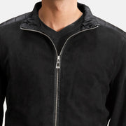Close-Up Detail of High Neck &amp; Zipper Hardware on Men's Ethan Hybrid Suede Skórzana Kurtka Bomberka Męska