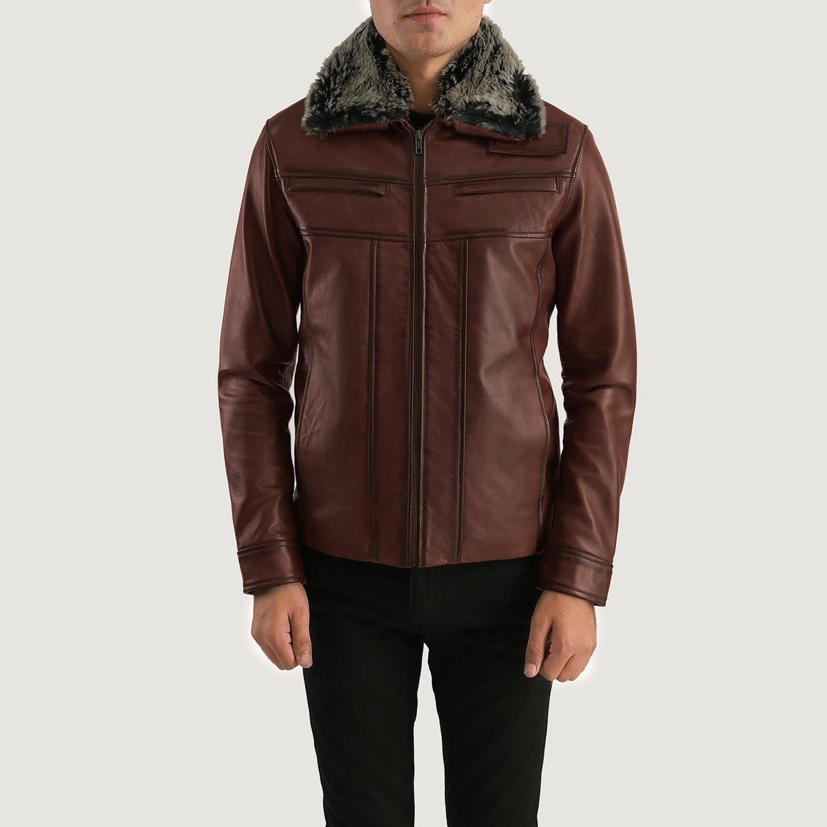 Men's Evan Hart Fur Brązowa Kurtka Skórzana Męska in Distressed Brown Sheepskin Burnishing - Front Profile View &amp; Tailored Silhouette | Buy Online