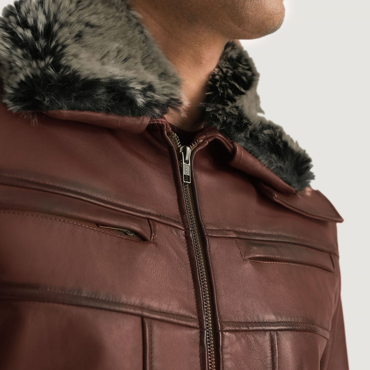 Men's Evan Hart Fur Brązowa Kurtka Skórzana Męska - Lateral Side Profile View Showing Sleeve Cut &amp; Athletic Taper Fit